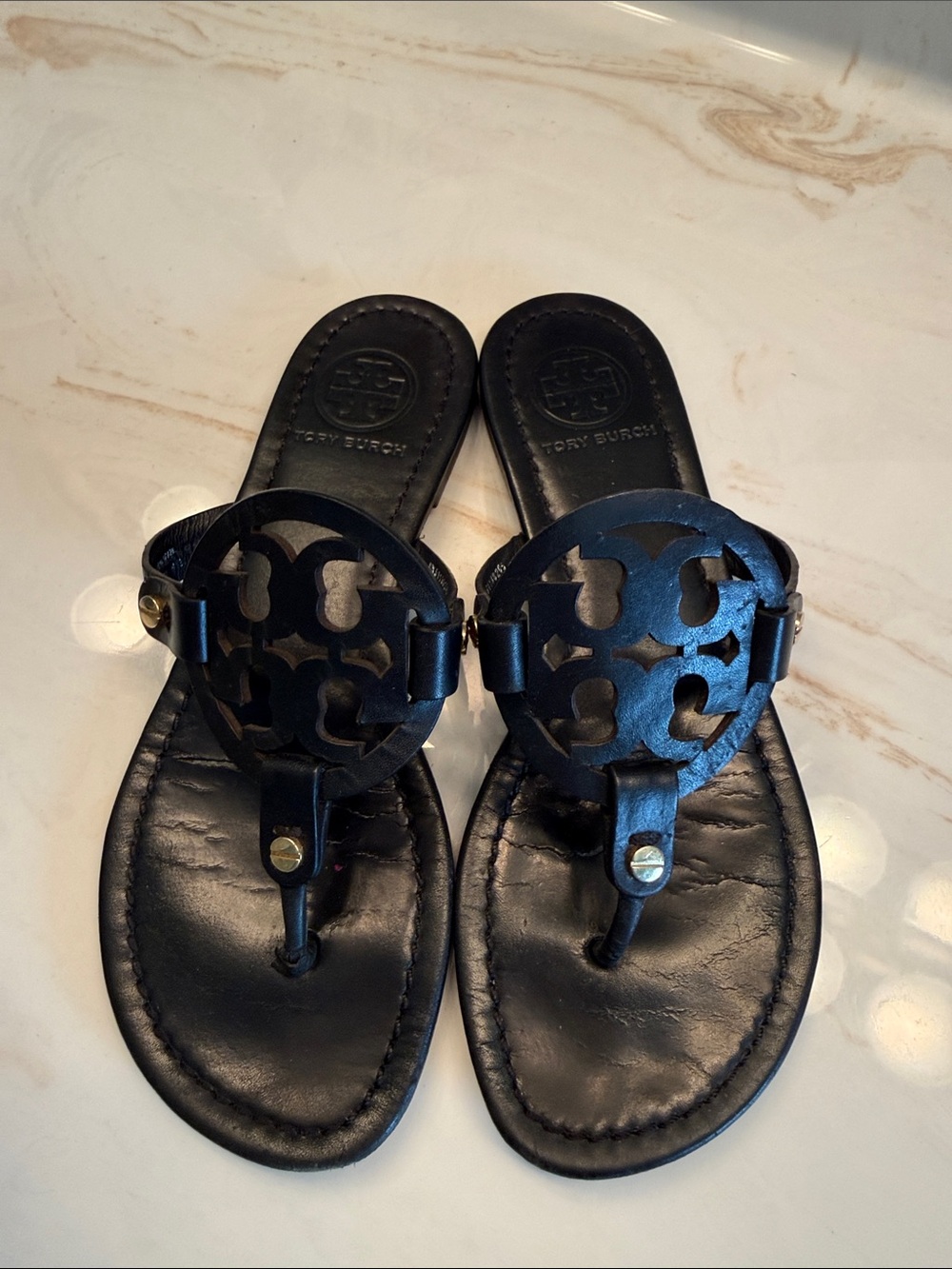 Tory Burch Black Leather Logo Cutout Thong Sandals